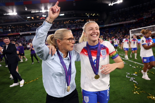 And Still The Lionesses | England Beat Spain in Battle of Eras To Retain WEURO Glory: Sarina Wiegman and Leah Williamson celebrate the Women's European Championship 2025 title win