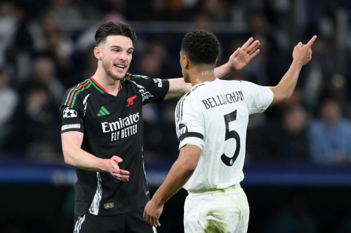What Is The Hardest Position In Soccer? Ranking All 9 Soccer Position By Difficulty Level: Declan Rice and Jude Bellingham during a Champions League clash between Arsenal and Real Madrid in the Santiago Bernabeu 