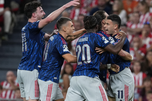 Spanish for Comfort | How Arsenal Hit Champions League All-time Record vs Spanish Opposition: Arsenal players celebrate Gabriel Martinelli's goal against Athletic Club.